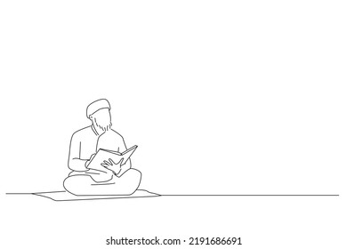 Drawing of religious muslim man reading holy koran inside the mosque. Oneline art drawing style
