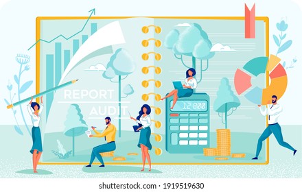 Drawing Up Report for Business Owner to Make Necessary Decisions. Team Five Auditors with Pencil, Calculator, Laptop, and Documents Working. Background with Diagrams and Coins. Flat Vector Banner.