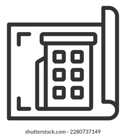 Drawing of a residential building on a sheet - icon, illustration on white background, outline style