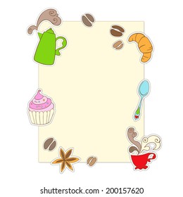 Drawing restaurant menu with the colored labels. Coffee shop menu template. Hand drawn coffee beans, cup, cake, spoon, croissant, coffee pot, cinnamon. Vector illustration.