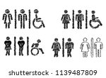 Drawing Restroom or bathroom for man and woman to peeing. Human handicap toilets with wheelchair logo. Funny vector WC pictogram icon or sign. World toilet day. Stickman bath room. Unisex