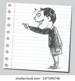 Drawing of a retro boy showing on something.