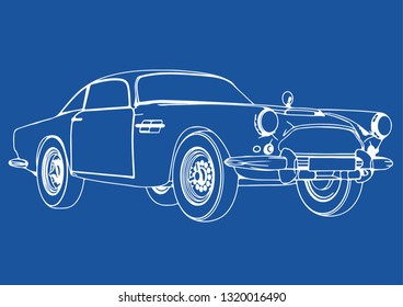 drawing of a retro car on a blue background vector

