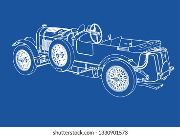 drawing of a retro car on a blue background vector