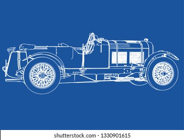 drawing of a retro car on a blue background vector
