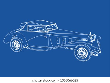 drawing of a retro car on a blue background vector