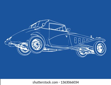 drawing of a retro car on a blue background vector
