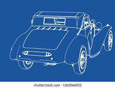 drawing of a retro car on a blue background vector