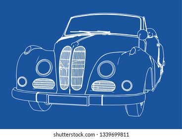 drawing of a retro sport car on blue background vector