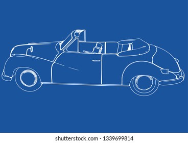 drawing of a retro sport car on blue background vector