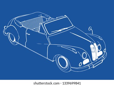 drawing of a retro sport car on blue background vector