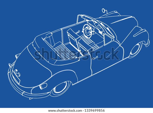 drawing of\
a retro sport car on blue background\
vector
