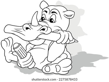 Drawing of a Rhino with Marker is Sitting on the Ground - Cartoon Illustration Isolated on White Background, Vector
