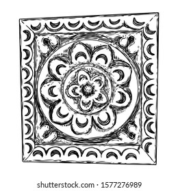 Drawing of rhombus or square shape baroque design marble stone elements. Vintage patch for scarf, print, fabric and dress. Vector.
