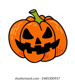 Drawing of a ripe joyful pumpkin with creepy faces. Monster faces for Halloween. Cute illustration on white background. Design elements for logo, badges, banners, labels, posters 