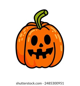 Drawing of a ripe joyful pumpkin with a spooky face for Halloween. Cute illustration on white background. Design elements for logo, badges, banners, labels, posters