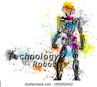 Drawing Robot equipment technology. Logo illustration background. Vector colorful paint, drops, ink splashes.