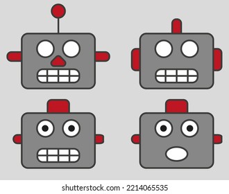 Drawing with a robot face and red details. Set of robot shaped emoji with different emotions