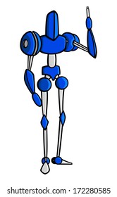 A drawing of a robot pointing his gun in the air.