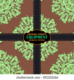 Drawing robots seamless pattern brown-green color