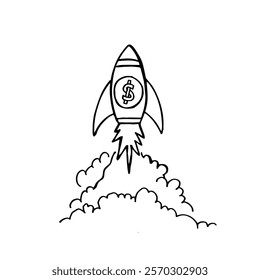 Drawing of a rocket taking off with dollar coin doodle business illustration.
