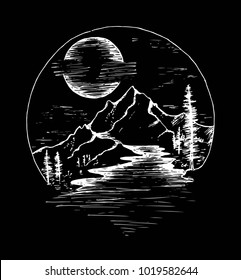 Drawing of rocks in a circle and trees from above and from below.