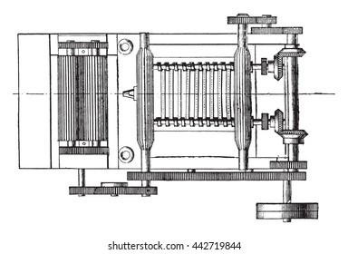 Drawing roller, Spur gears movement of food cylinder, Spur gears, movement of the cinnamon, Online course of the ribbon, vintage engraved illustration. Industrial encyclopedia E.-O. Lami - 1875.
