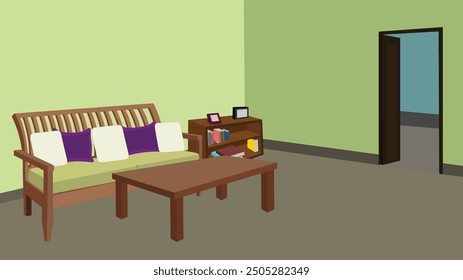 Drawing room cartoon background with cozy sofa set and a coffee table, bookshelf and a wooden door