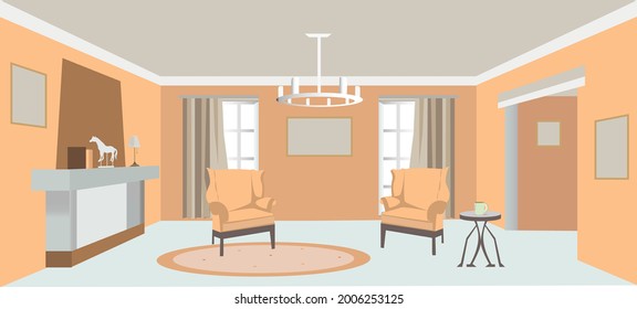 drawing room reception hall sofa tea warm style frame wallpaper print in vector