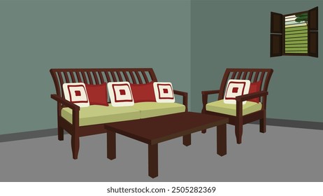 Drawing room vector bacnground with a sofa set, coffee table and a window. Living room background 