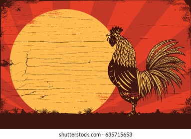 Drawing of rooster crowing at sunrise on a wooden sign, vector
