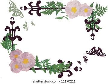 Drawing of rose frame elements with butterflies.
