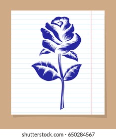 Drawing of rose on line notebook page vector