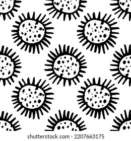 drawing of a round bacterium with short tentacles. seamless hand-drawn noodle pattern with isolated black outline on white. A viral bacterium is a round-shaped element with a texture of dots and 