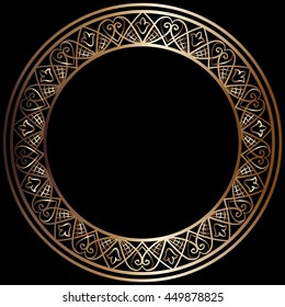 drawing of a round bronze gradient frame  with floral ornament on a black background