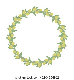 Drawing of a round frame, consisting of olive twigs. A wreath of green olives and leaves. Flat illustration of sprigs of black olives collected in a circle. Vector on white background.