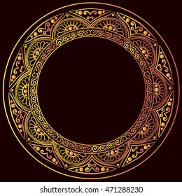 drawing of a round gold gradient frame  with floral ornament on a black background