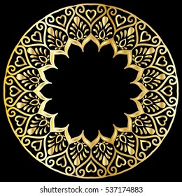 drawing of a round gold gradient frame  with floral ornament on a black background