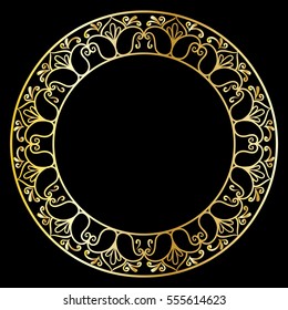 drawing of a round gold gradient frame  with floral ornament on a black background