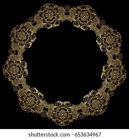 drawing of a round gold gradient frame  with floral ornament on a black background