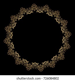 drawing of a round gold gradient frame with floral ornament on a black background