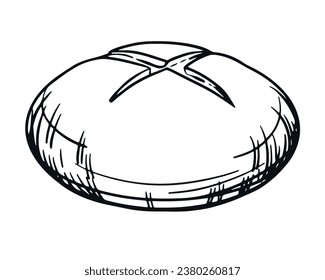 Drawing of a round loaf of bread. Bakery logo emblem. Line sketch, hand drawn, isolated on white background. Vector illustration