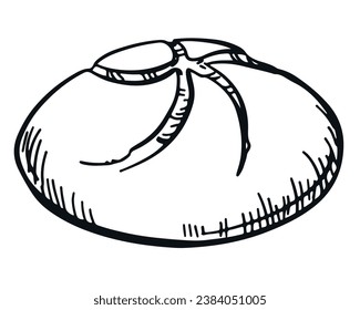 Drawing of a round loaf of bread. Bakery logo emblem. Line sketch, hand drawn, isolated on white background. Vector illustration