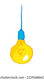 drawing of a round yellow light bulb with an incandescent filament spiral inside. electric lamp icon painted in the style of doodles, Bright yellow round-shaped light bulb hanging down on a blue wire