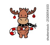 a drawing of rudolph reindeer wear black white shawl and hold big christmas candy cane