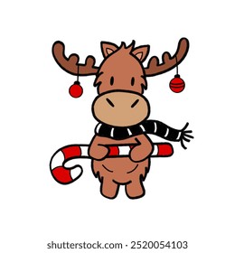 a drawing of rudolph reindeer wear black white shawl and hold big christmas candy cane