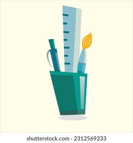 Drawing of a ruler, pen and painting brush in a glass with a dark green color. an image with a light yellow background, a vector illustration image.