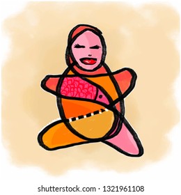 Drawing of a russian doll, matryoshka, colorful rag doll smiling, pink, yellow, orange