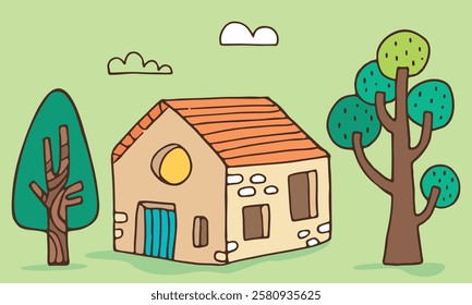 Drawing of a rustic country house surrounded by green trees, farmhouse with a large garden and forest, colorful and cheerful cartoon-style illustration for vacation rental