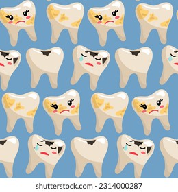 A drawing of sad crying teeth in tartar and caries, a boy and a girl. The topic is tartar. Charming vector illustration. Blue background for postcards, fabric, wrapping paper Seamless cartoon ornament
